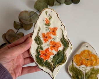Handmade Ceramic Gold Wall Hanging, Aesthetic Home decorations , Floral Ornaments -  Floral Art for Home - Unique Gift , Cute Wall Decor