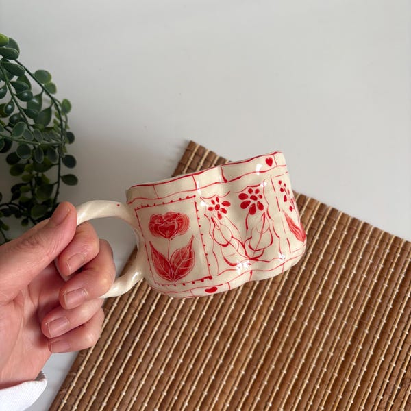 Heart-Shaped Red Floral Handmade Ceramic Cup - Perfect Gift for Valentine's Days Hand Painted Rustic - Bloom Tarot Cards - Unique Design
