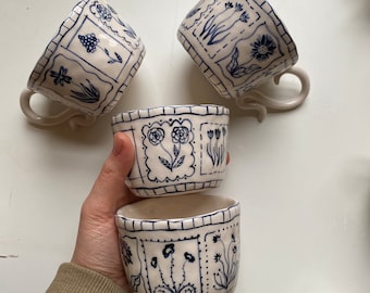 Handmade Blue Floral Ceramic Mugs - Hand Painted Rustic Ceramic Tea Cups - Bloom Tarot Cards Mug Cup - Unique Design Ceramic Coffee Mug