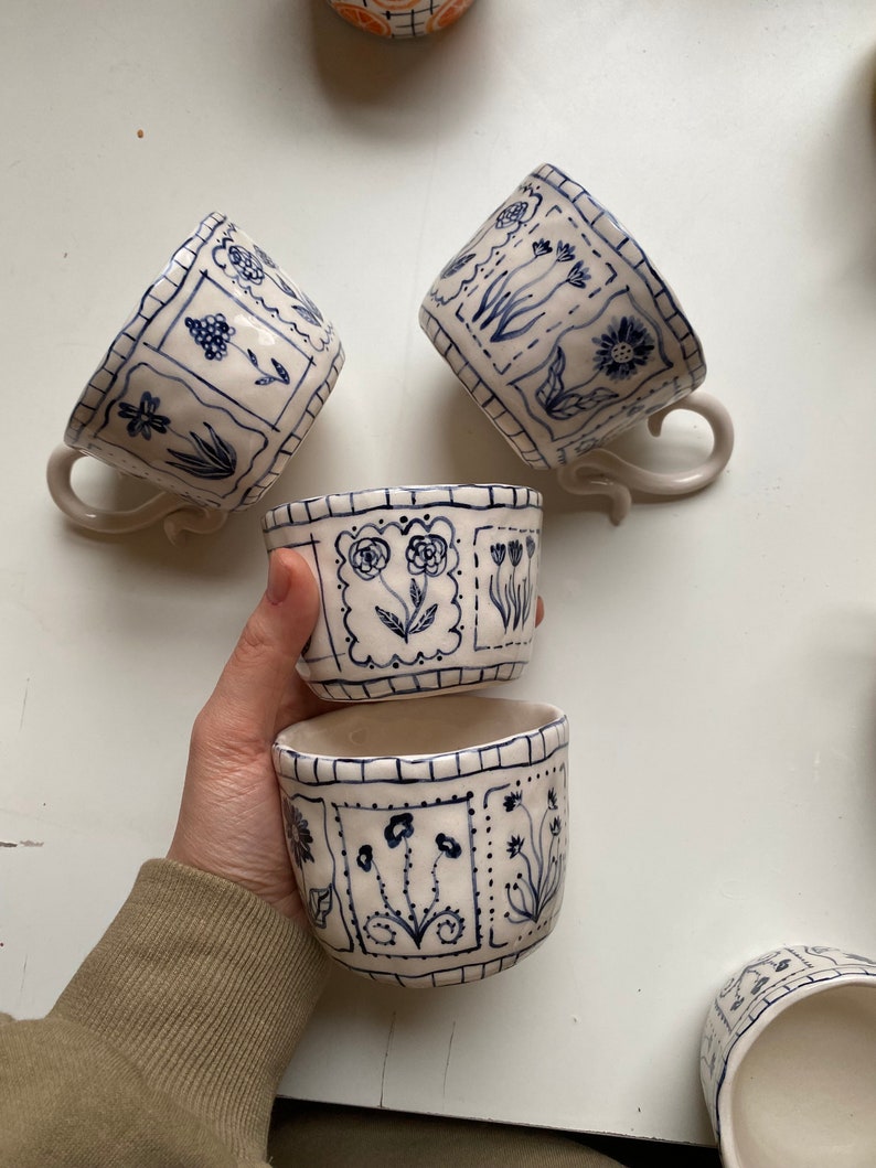 Handmade Blue Floral Ceramic Mugs - Hand Painted Rustic Ceramic Tea Cups - Bloom Tarot Cards Mug Cup - Unique Design Ceramic Coffee Mug