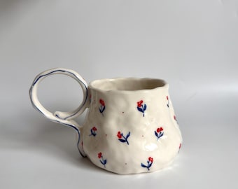 Cute Minimalist Blue Flower Mug - Handmade Ceramic Floral, Botanic Coffee, Latte, Cappuccino Cup Mug  - Handpainted Floral Ceramic Cup