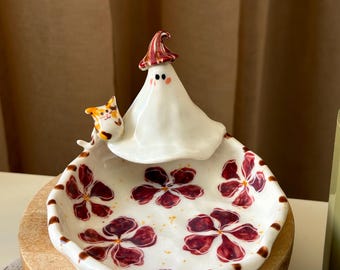 Ceramic Candle Holder with Ghost and Little Cat - Cute Ghost and Kitty Cat Ring Dish , Halloween Decor Candle Holder