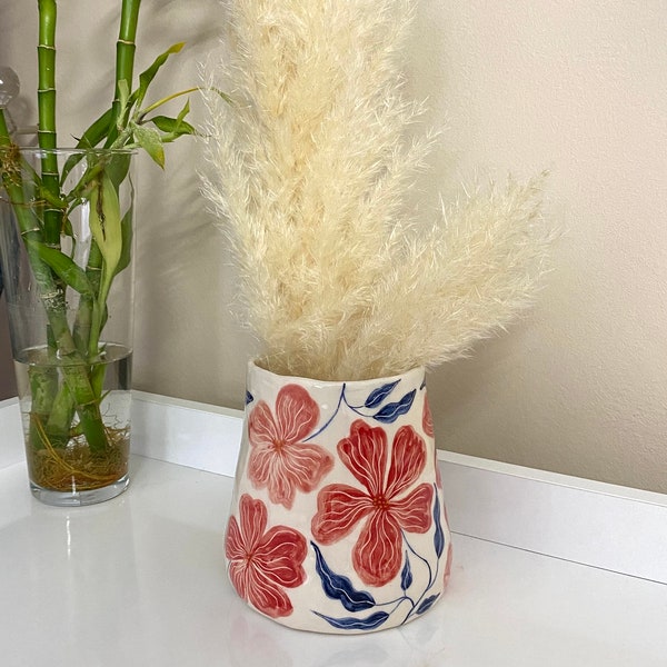 Handmade Ceramic Vase with Colorful Flower Pattern - Aesthetic, Minimal, and Rustic Vase with Hand-painted Flower Drawings