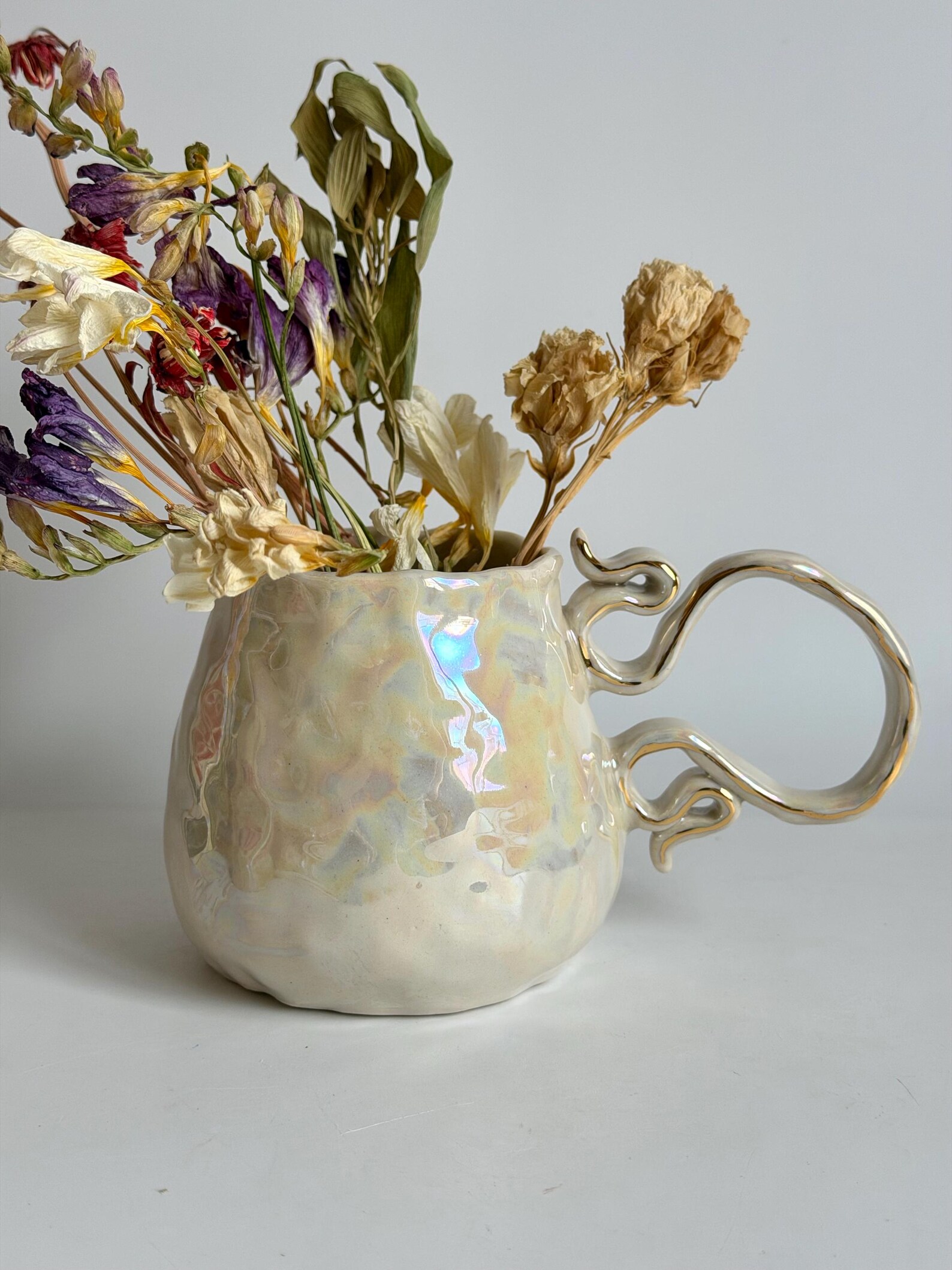 Hand-sculpted Pearlescent Stoneware Mug, Iridescent Pottery Coffee Cup, Gold Detail Handle
