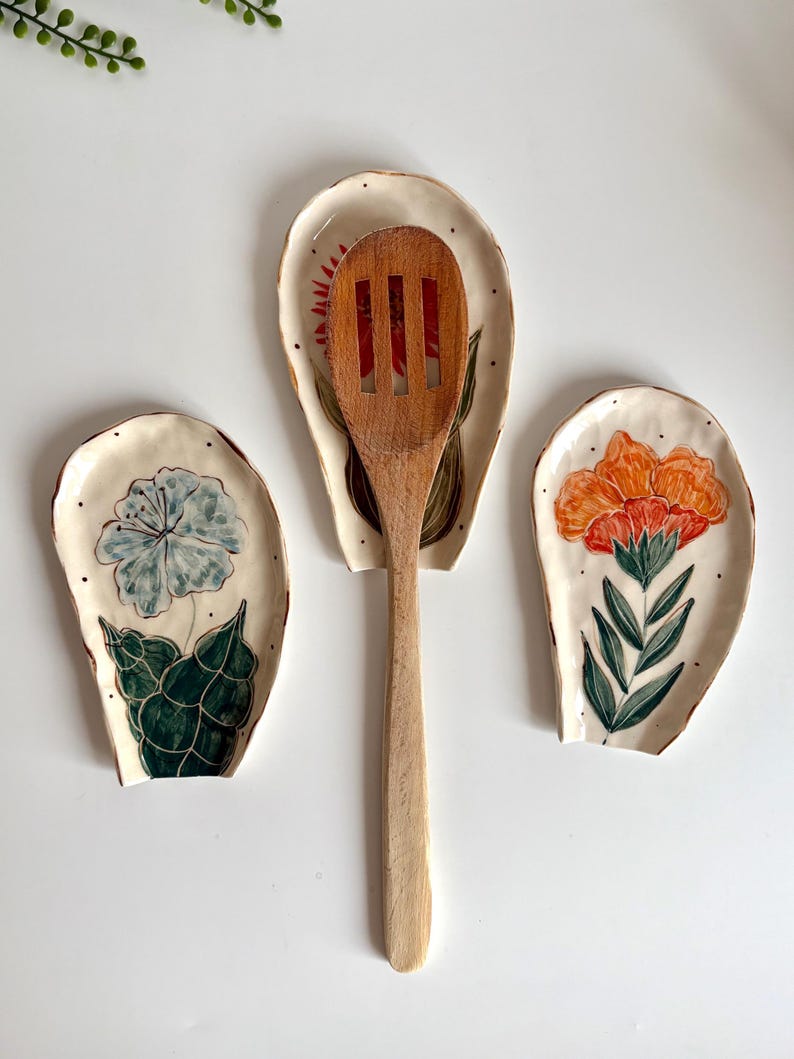 Floral Spoon Rest, Handmade Ceramic Spoon Rest, Handpainted Pottery Kitchenware Spoon Rests, Unique Spoon Rests