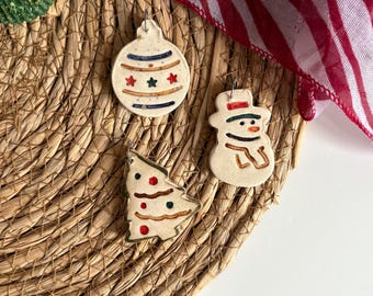 Mini Ornaments Christmas Decor, Handmade Ceramic Ornament Set of 3pcs,  Snowman, Christmas Tree, and Gingerbread Man