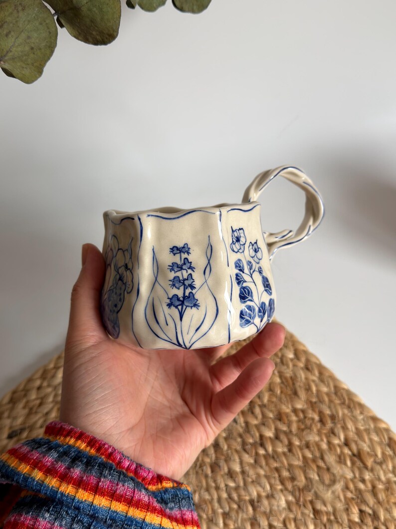 Handmade Unique Blue Floral Ceramic Mugs - Hand Painted Rustic Ceramic ...