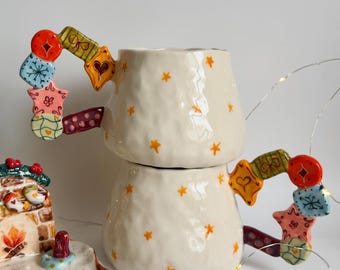 Christmas Gift Box Mug, Handmade Ceramic Mug with 3D Present Charm Handle, Cute Star Holiday Mug, Unique Christmas Coffee Mug Gift
