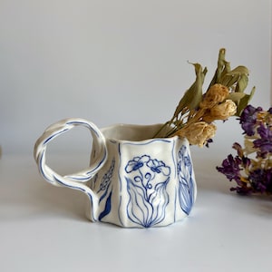 Handmade Unique Blue Floral Ceramic Mugs - Hand Painted Rustic Ceramic ...