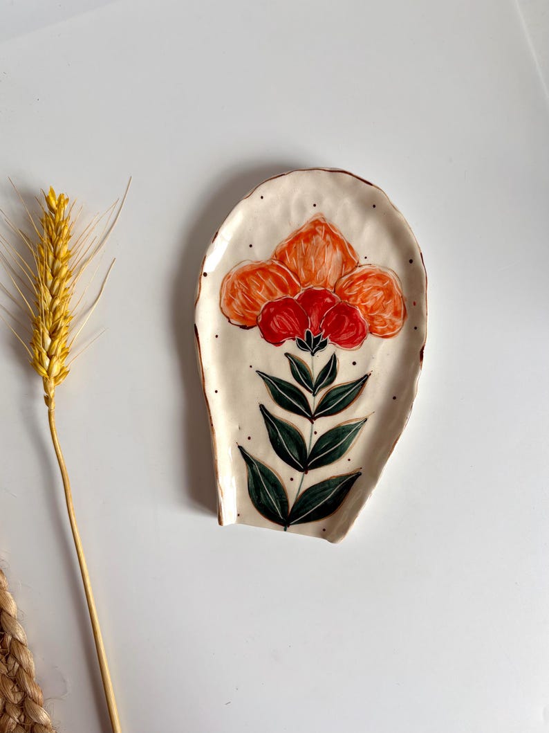 Floral Spoon Rest, Handmade Ceramic Spoon Rest, Handpainted Pottery Kitchenware Spoon Rests, Unique Spoon Rests