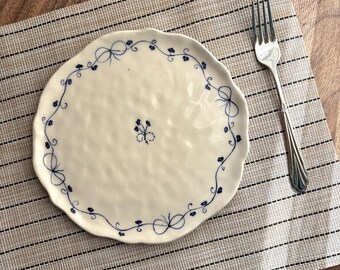 Handmade Plate, Dish - Ceramic Blue Floral Serving Plate - Japanese, Chinese Style Blue Flower Round Pottery Clay Plates, Handmade Dishware