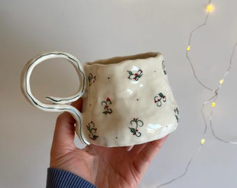 Minimalist Christmas Mug with Tiny Holly, Handmade Ceramic Holiday Mug, Hand Painted Winter Coffee Cup with Loop Handle