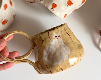 Handmade Ceramic Cat Ghost Mug: Halloween Themed Cute Cat Ghosts Coffee Cup