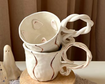 Handmade Ceramic Cute Ghost Mug, Cute Spooky Halloween Coffee Mug, Handpainted Ghosts Ceramic Tea Mug, Unique Artisan Pottery