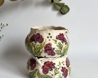 Handmade Ceramic Matcha Bowl with Carnations Flower Hand-Painted Illustrations - Botanical-Themed Matcha Bowl Matcha, Ceramic Matcha Bowl