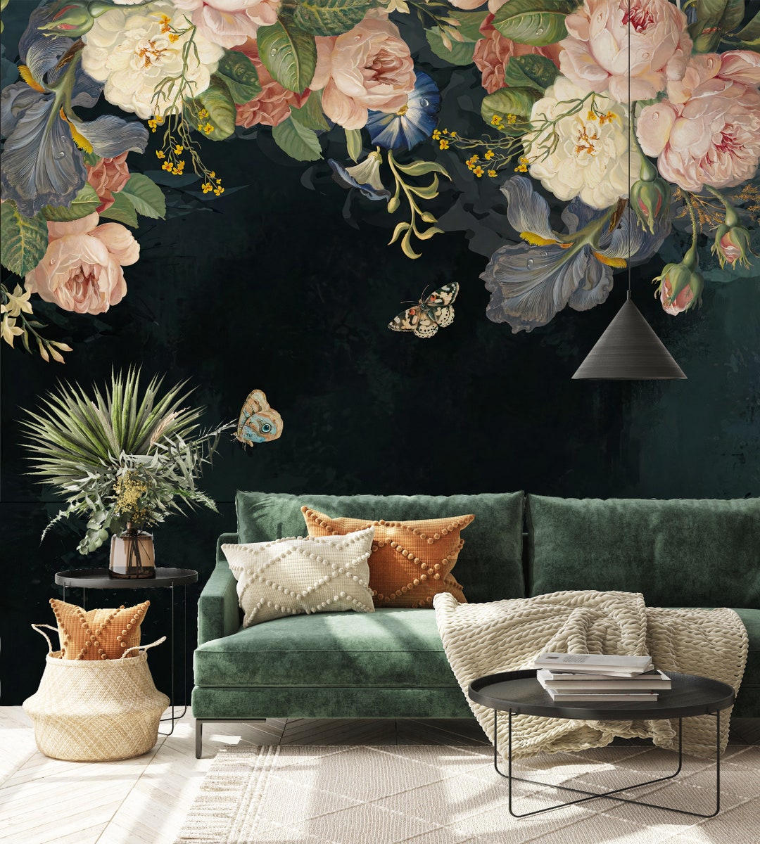 Dark Vintage Art Wallpaper, Peel and Stick Floral Wallpaper, Removable