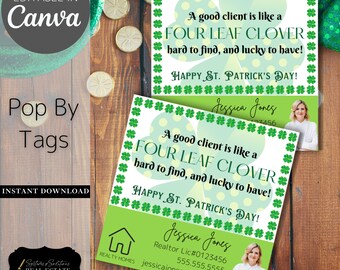 May include: Green and white printable business card with a four-leaf clover design. The text reads "A good client is like a four-leaf clover, hard to find, and lucky to have! Happy St. Patrick's Day!" with the name Jessica Jones and contact information.