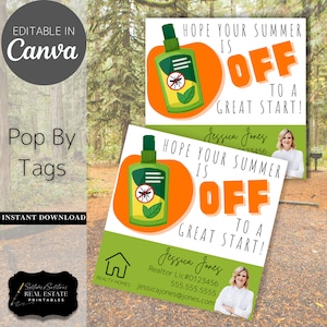 May include: A green and orange real estate business card with a cartoon image of a bug spray bottle. The text on the card reads "Hope your summer is off to a great start!" and includes the name "Jessica Jones" and contact information.