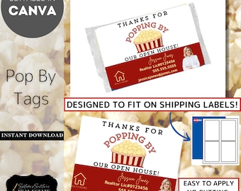 Open House Popcorn PopBy | Thanks for Popping By | Real Estate Marketing Editable Canva Template (Avery Label 27950)