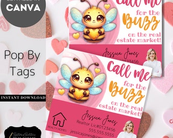 Bee Valentine Real Estate Pop By Tags, Editable Template (Digital Download)