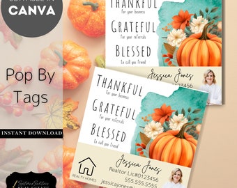 Realtor Thanksgiving Pop By Tags, Fall Pumpkin (Editable Canva Template)