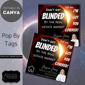 May include: A black and red real estate marketing tag with a sun eclipse graphic and the text "Don't get blinded by the real estate market. I've got you covered!"  The tag also includes a realtor's contact information.