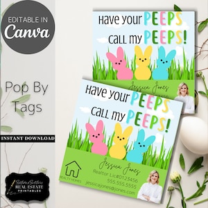 May include: Two printable real estate business cards featuring a green background with a cartoon image of three yellow, pink, and blue Peeps candy. The text on the cards reads "Have your PEEPS call my PEEPS!" and includes the name "Jessica Jones" and contact information.