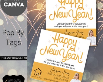 May include: A gold and white New Year's greeting card with the text "Happy New Year!" and "Looking forward to serving you and your referrals in the new year!"  The card also includes a business card with the name "Jessica Jones" and contact information.