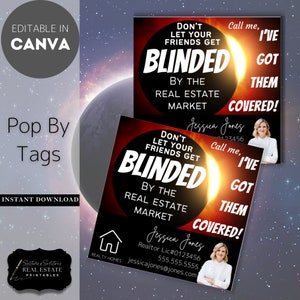 May include: A red and black real estate business card with a sun and moon graphic. The text reads "Don't let your friends get blinded by the real estate market. Call me, I've got them covered!"  Jessica Jones, Realtor Lic#0123456, 555.555.5555, jessicajones@jones.com