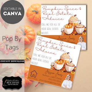Pumpkin Spice e consultoria imobiliária Ligue-me para todas as suas necessidades imobiliárias | Editável | Marketing imobiliário outono pop por cafeteria