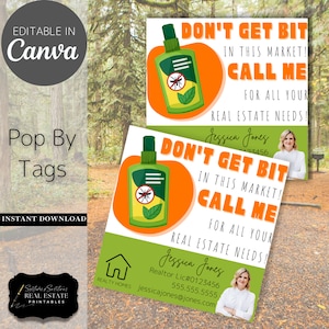 Puede incluir: Dos tarjetas cuadradas de marketing inmobiliario con un diseño verde y naranja. Las tarjetas presentan una imagen de dibujos animados de un frasco de repelente de insectos y el texto "DON'T GET BIT IN THIS MARKET! CALL ME". Incluye información de contacto.