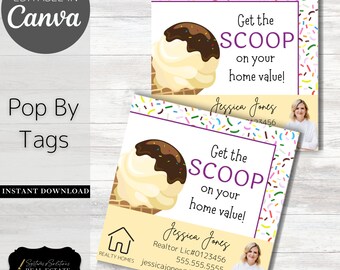 May include: A yellow and brown ice cream cone with sprinkles on a yellow background. The text "Get the SCOOP on your home value!" is written in purple and white. The text "Jessica Jones" is written in black. The text "Realtor Lic#0123456" is written in black. The text "555.555.5555" is written in black. The text "jessicajones@jones.com" is written in black. The text "REALTY HOMES" is written in black.