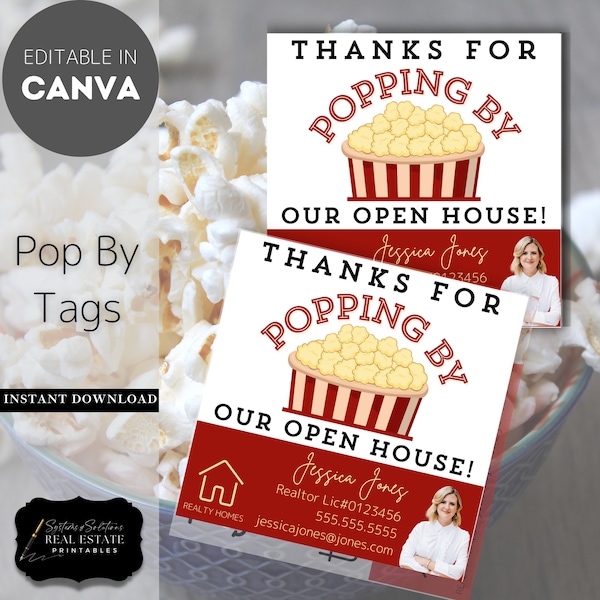 Thank You For Popping By Our Open House Realtor Pop By Tags | Editable | Real Estate Marketing, Summer Fall Popcorn Open House Pop By