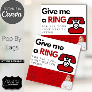 Op de afbeelding: Een vierkante visitekaart in rood en wit met een rood telefoonpictogram en de tekst "Give me a RING" en "FOR ALL YOUR HOME HEALTH NEEDS!" De kaart bevat ook de naam "Jessica Jones" en contactgegevens.