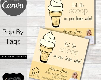 May include: A yellow and white real estate business card with an ice cream cone graphic and the text "Get the scoop on your home value!"  The card also includes the name "Jessica Jones", a realtor license number, phone number, and email address.