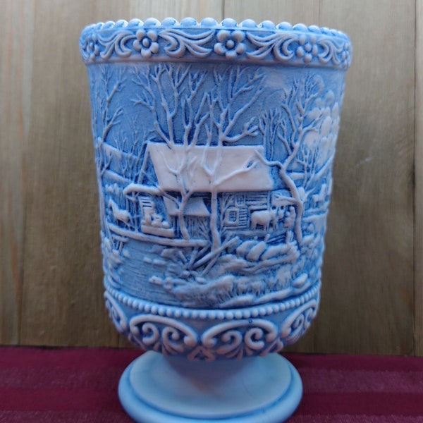 Currier & Ives by Fenton “Old Grist Mill” Vintage Milk Glass Footed Vase with Old Homestead Scene Winter Scene