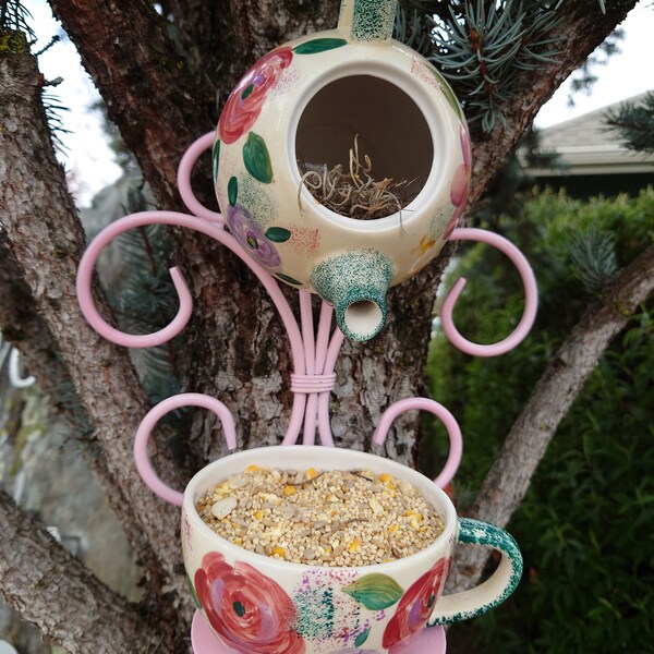 Teacup Bird Feeder Teapot Birdhouse Hanging Bird Feeder with red roses, pinks, green and purples