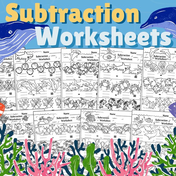 Subtraction Worksheets Ocean Animals 20 Pages Preschool Kindergarten 1st Grade Class Math Bundle Coloring Learning Packet Instant Download