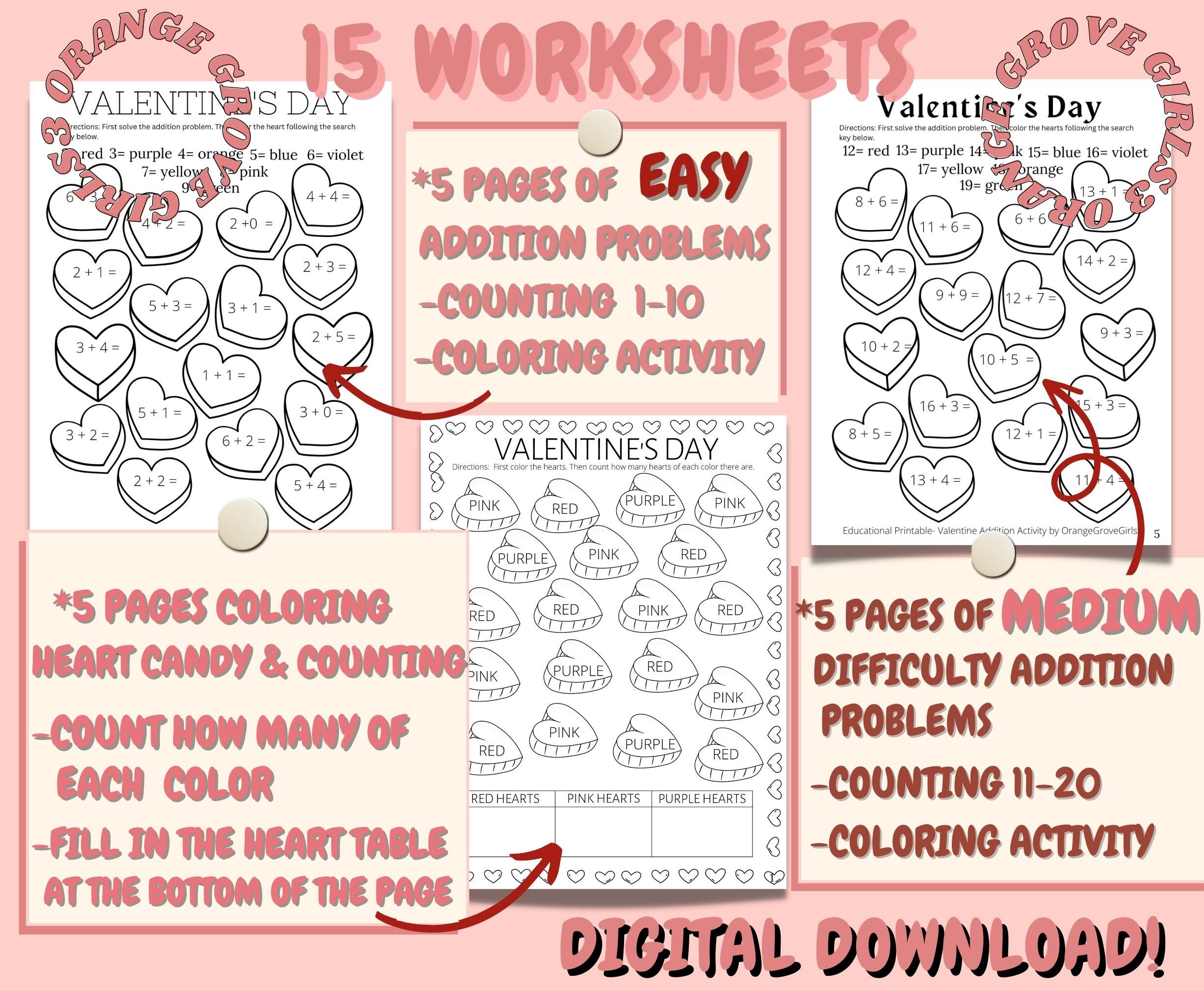 Valentine's Day Addition Worksheets Heart Candy 15 Pages Coloring