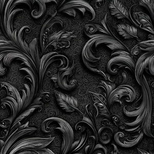 May include: A detailed, monochrome image of a repeating floral pattern. The design features ornate, swirling leaves and stylized floral elements with a textured, embossed appearance. The background has a subtle, repeating pattern.