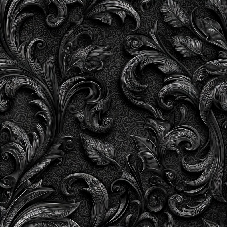 May include: A detailed, monochrome image of a repeating floral pattern. The design features ornate, swirling leaves and stylized floral elements with a textured, embossed appearance. The background has a subtle, repeating pattern.