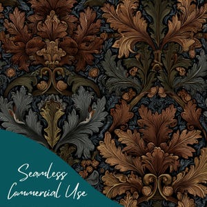 Peut inclure: Un motif sans couture avec un design floral détaillé dans des tons de marron, d'or et de gris sur un fond sombre. L'image comprend le texte "Seamless Commercial Use" en écriture blanche sur un fond turquoise.