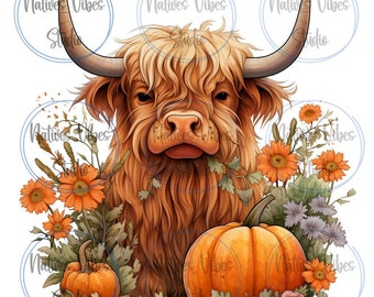 Baby Highland Cow Png, Fall Png, Watercolor Pumpkins and Purples Leaves Flowers Png Cute Highland Cow Png Autumn Sublimation Download