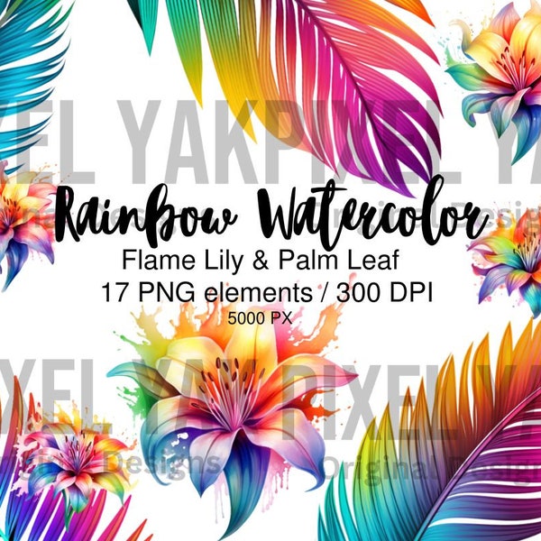 Watercolor Neon Rainbow Tropical Clipart PNG, Rainbow Palm Leaves, Exotic flowers, Watercolor Tropical Leaves, Flame Lily PNG, Colorful