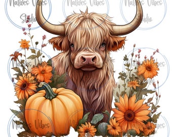 Fall Highland Cow Png Sublimation Design, Fall Png, Hello Fall, Cow Png, Pumpkin Png, Fall Vibes Png, Heifer, Clipart Watercolor Instant