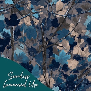 May include: A seamless pattern featuring a forest scene with branches and leaves in shades of blue, tan, and brown. The leaves are a mix of solid and shaded tones, creating a textured effect. The text "Seamless Commercial Use" is in white script on a teal background.
