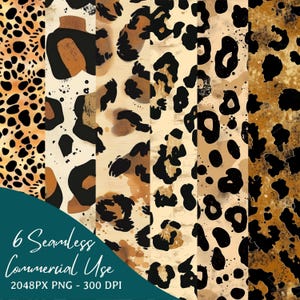 Set van 6 naadloze patroon tan zwarte zwarte luipaard, bruin gespikkelde dierenprint, safari cheetah-textuur, digitale png-download