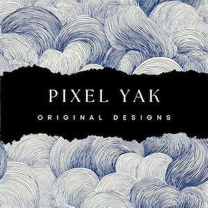 Puede incluir: Un diseño abstracto con un patrón de formas arremolinadas y texturizadas en tonos azules y blancos. El diseño está superpuesto con un rectángulo negro que contiene el texto "PIXEL YAK ORIGINAL DESIGNS" en blanco, con fuente sans-serif. La estética general es moderna y artística.