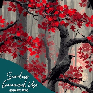 May include: Seamless digital art featuring a forest scene with red maple leaves and black trees. A black raven perches on a branch. The image includes the text "Seamless Commercial Use" and "4096PX PNG".