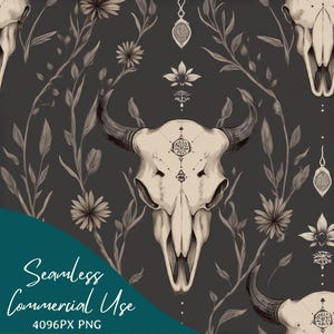 May include: Seamless pattern featuring a detailed illustration of a cow skull with horns, adorned with floral and botanical elements. The design is in shades of beige and gray on a dark gray background. The text "Seamless Commercial Use" is visible.